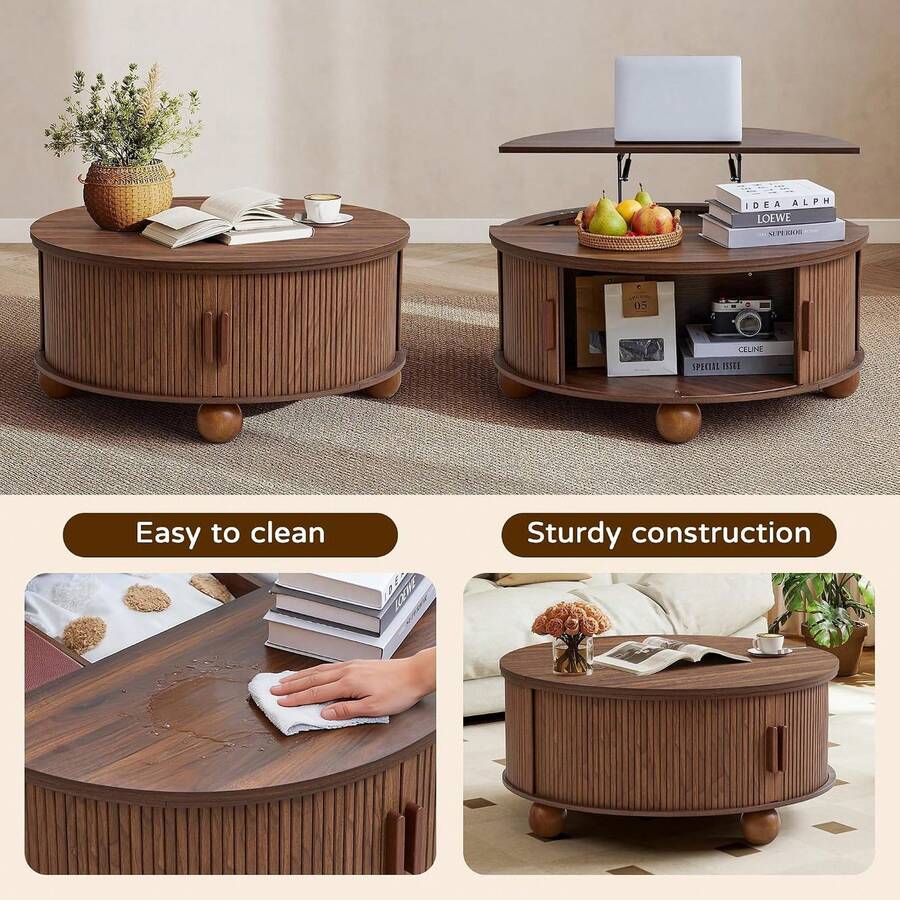 Round Lift Top Coffee Table With Storage, Fluted Circle Wood Center Table For Living Room, Walnut image 5