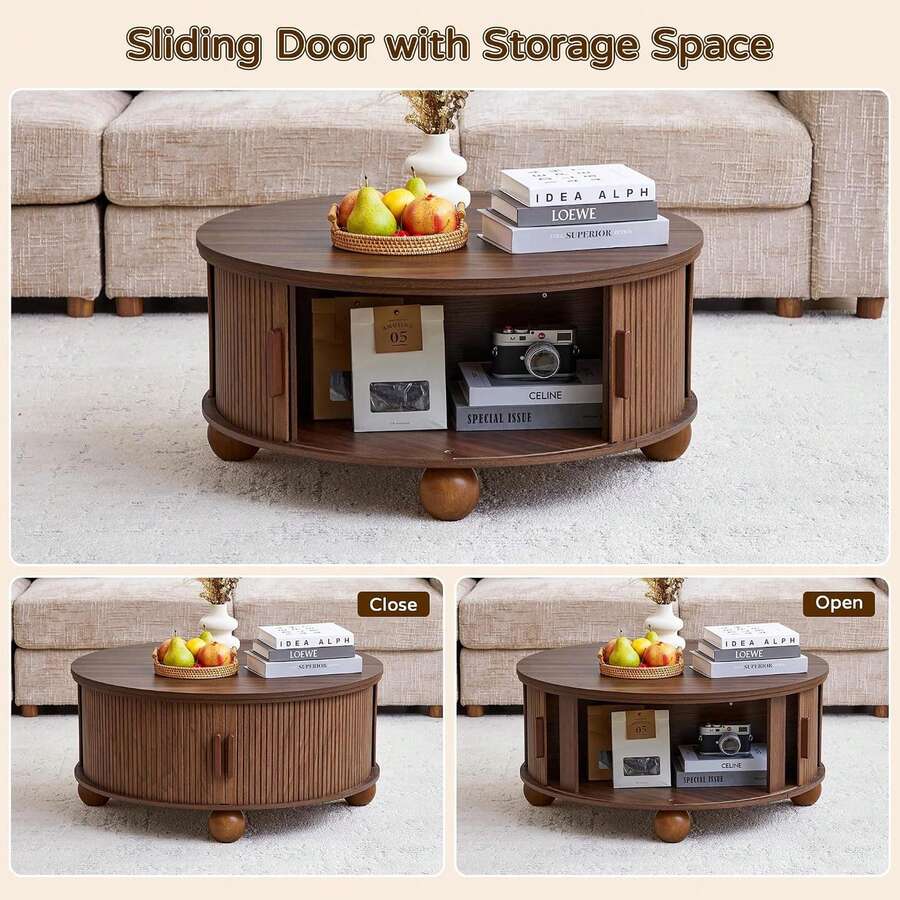 Round Lift Top Coffee Table With Storage, Fluted Circle Wood Center Table For Living Room, Walnut image 4