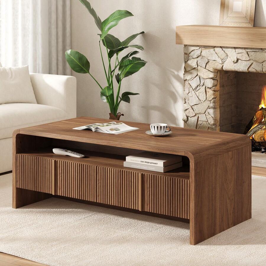 Modern Fluted Coffee Table With Storage, Wood Center Table Featuring Rounded Edges And Functional Storage For Living Room, Dark Oak, Light Brown, Espresso