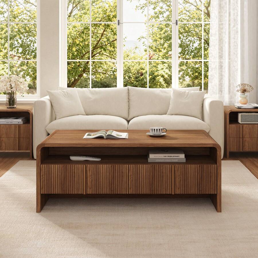 Modern Fluted Coffee Table With Storage, Wood Center Table Featuring Rounded Edges And Functional Storage For Living Room, Dark Oak, Light Brown, Espresso image 2