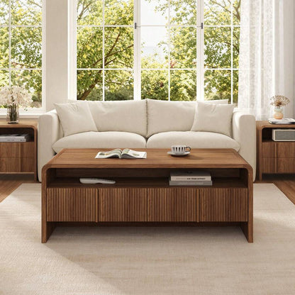 Modern Fluted Coffee Table With Storage, Wood Center Table Featuring Rounded Edges And Functional Storage For Living Room, Dark Oak, Light Brown, Espresso image 2