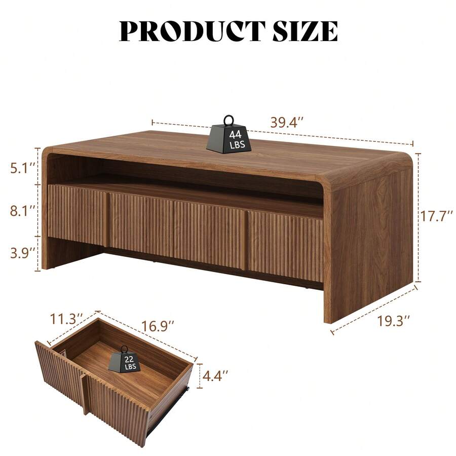 Modern Fluted Coffee Table With Storage, Wood Center Table Featuring Rounded Edges And Functional Storage For Living Room, Dark Oak, Light Brown, Espresso image 3