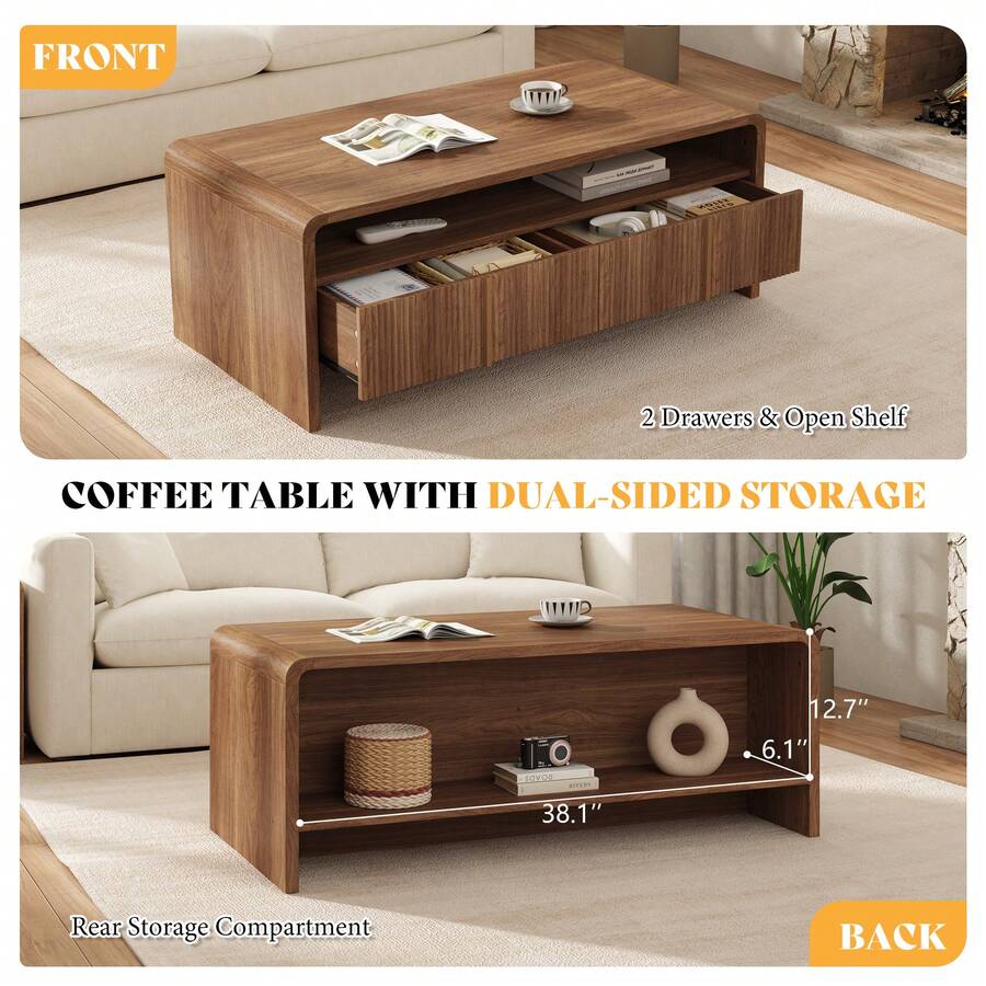 Modern Fluted Coffee Table With Storage, Wood Center Table Featuring Rounded Edges And Functional Storage For Living Room, Dark Oak, Light Brown, Espresso image 4