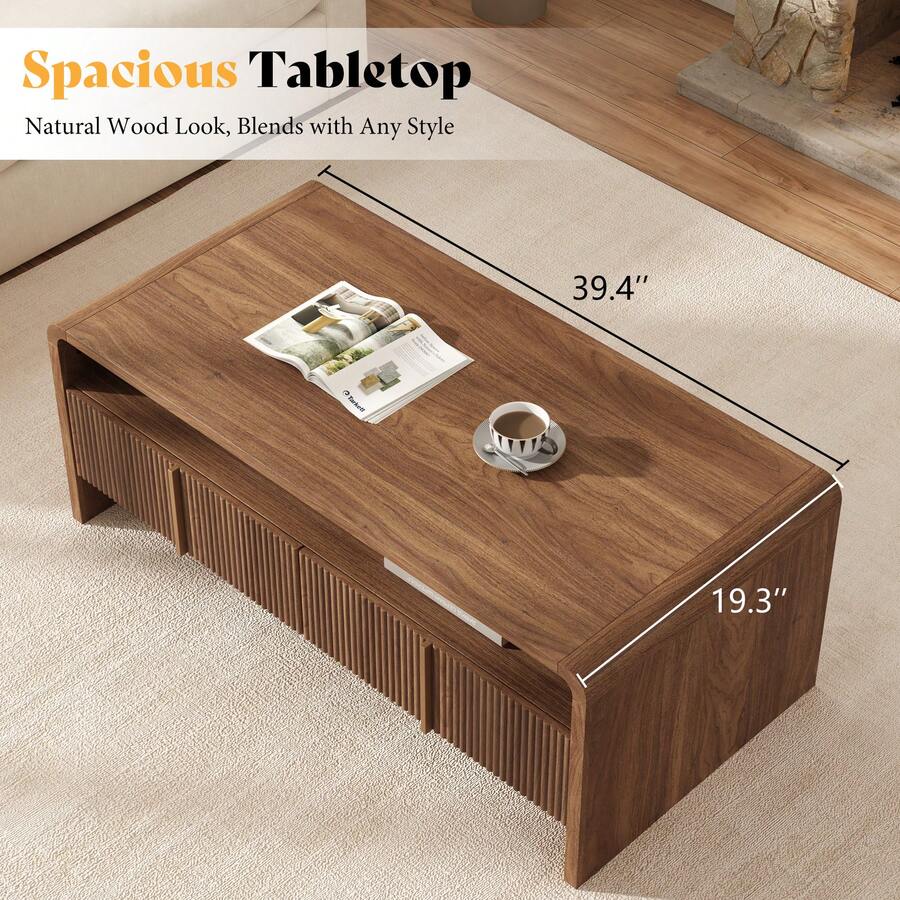 Modern Fluted Coffee Table With Storage, Wood Center Table Featuring Rounded Edges And Functional Storage For Living Room, Dark Oak, Light Brown, Espresso image 5
