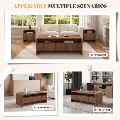 Modern Fluted Coffee Table With Storage, Wood Center Table Featuring Rounded Edges And Functional Storage For Living Room, Dark Oak, Light Brown, Espresso image 6
