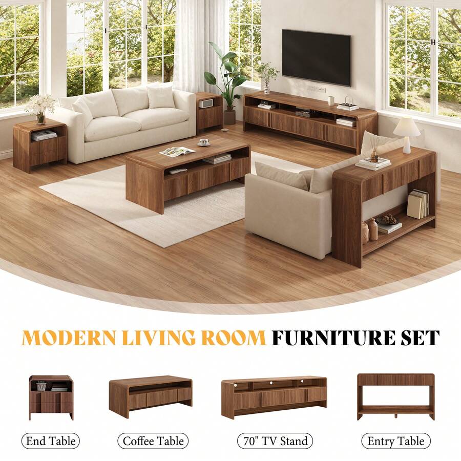 Modern Fluted Coffee Table With Storage, Wood Center Table Featuring Rounded Edges And Functional Storage For Living Room, Dark Oak, Light Brown, Espresso image 7