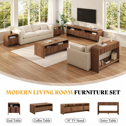 Modern Fluted Coffee Table With Storage, Wood Center Table Featuring Rounded Edges And Functional Storage For Living Room, Dark Oak, Light Brown, Espresso image 7