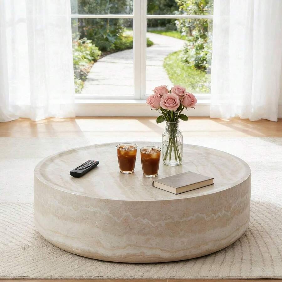 Round Faux Marble Coffee Table, Modern Drum Design Circle Fiberglass End Table, Living Room And Apartment Furniture Piece, No Assembly Required Center Desk, Mars Pattern image 1
