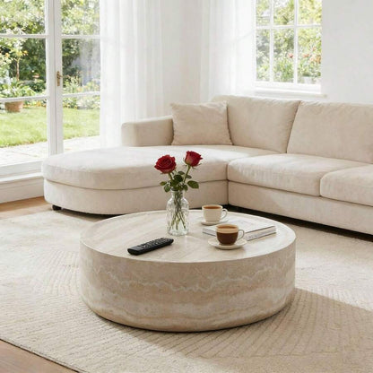 Round Faux Marble Coffee Table, Modern Drum Design Circle Fiberglass End Table, Living Room And Apartment Furniture Piece, No Assembly Required Center Desk, Mars Pattern image 3