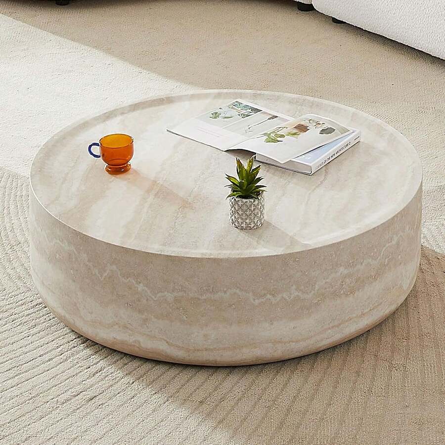 Round Faux Marble Coffee Table, Modern Drum Design Circle Fiberglass End Table, Living Room And Apartment Furniture Piece, No Assembly Required Center Desk, Mars Pattern image 4
