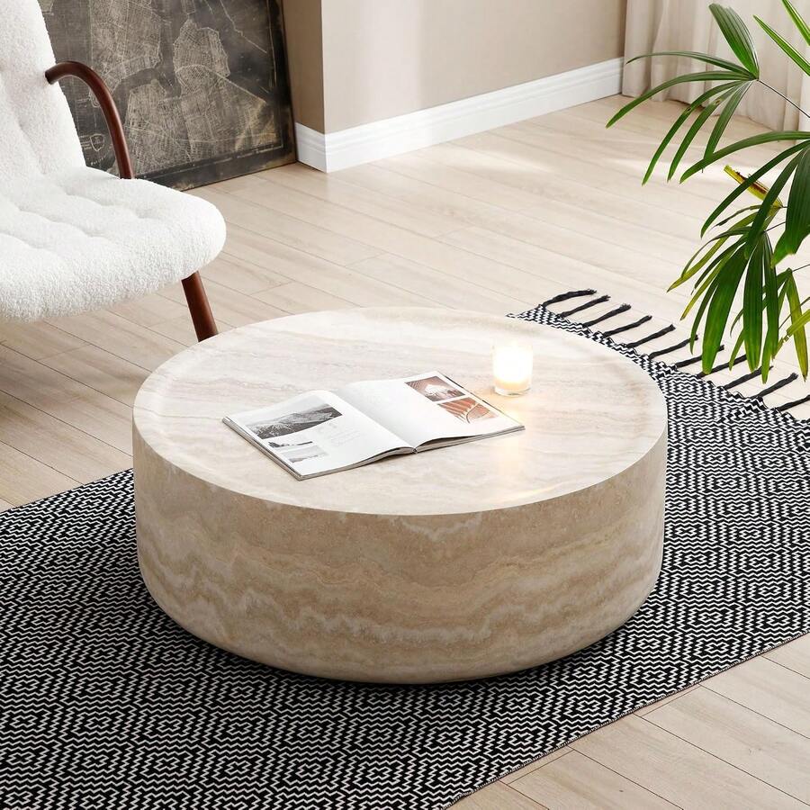 Round Faux Marble Coffee Table, Modern Drum Design Circle Fiberglass End Table, Living Room And Apartment Furniture Piece, No Assembly Required Center Desk, Mars Pattern image 5