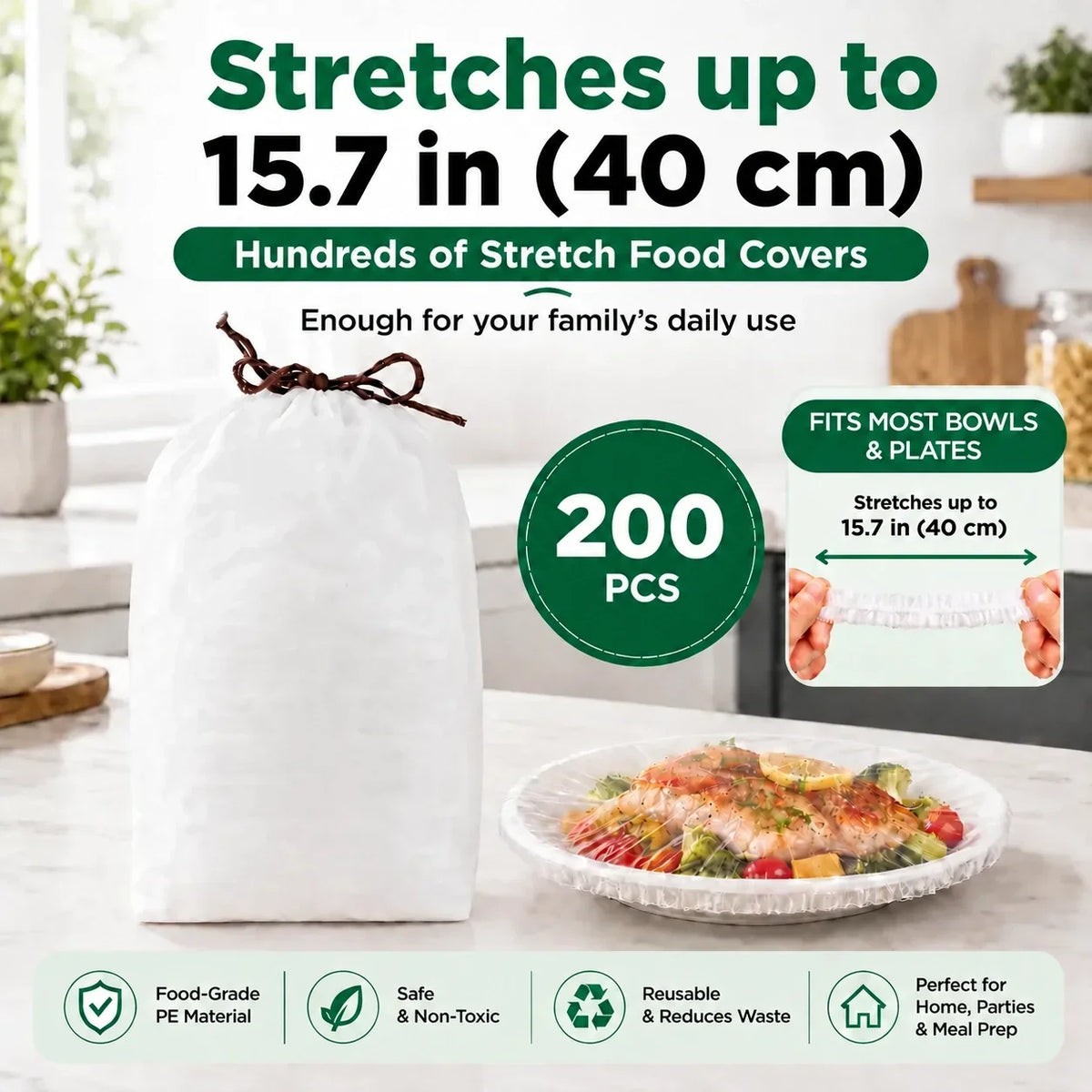 PLOLLI Disposable Stretch Food Covers — 200 Pack